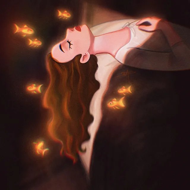 Danielle Pioli illustration of a reclining woman surrounded by glowing fish