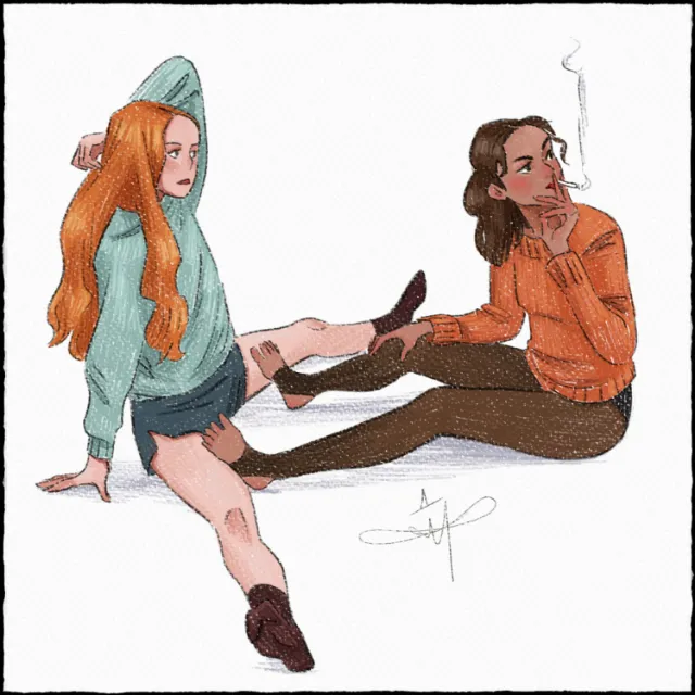 Danielle Pioli illustration of two friends sitting together, one smoking