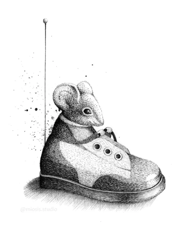 Pen and ink drawing of a mouse inside a shoe by Miosis Studio