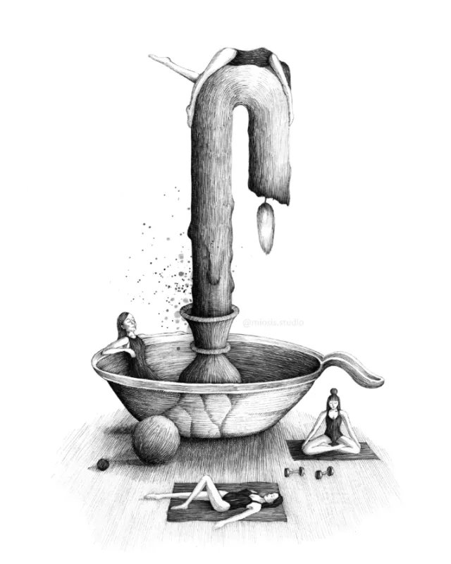 Surreal melting candle scene with tiny human figures by Miosis Studio