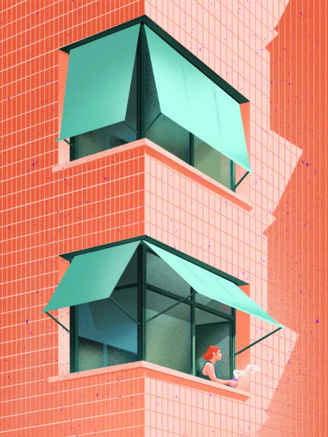 Green awnings on a modern building with a woman looking out window by Andrei Nicolescu