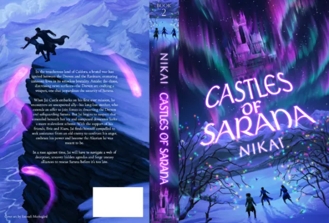 Young adult fantasy book cover with northern lights and castle, by Emmeli Markegård