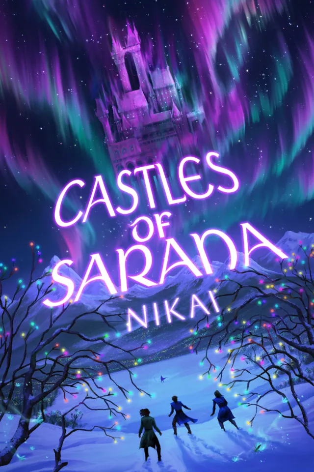 Digital book cover of Castles of Sarana with northern lights, by Emmeli Markegård