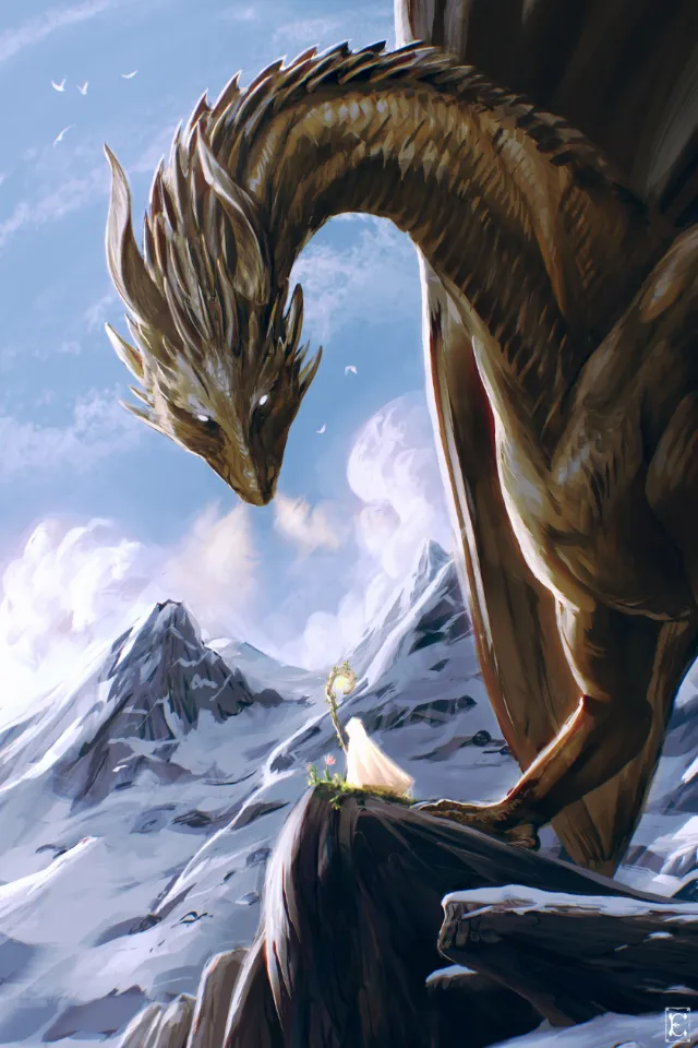 Dragon and cloaked traveller in snowy mountains by Emmeli Markegård