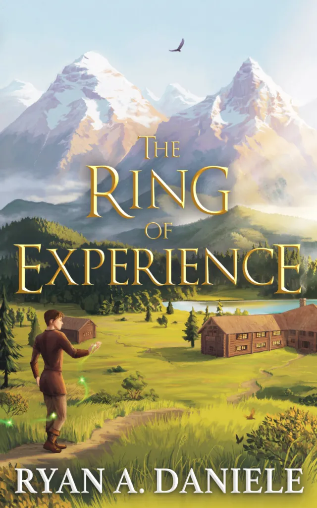Book cover of The Ring of Experience with mountains and a figure, by Emmeli Markegård