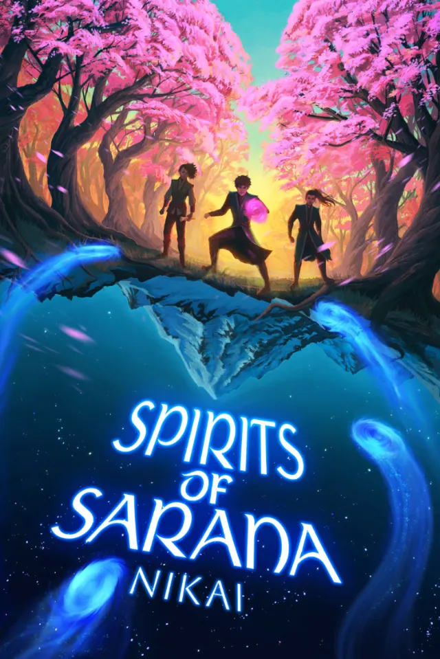 Illustration of three youths under pink trees with glowing creatures, by Emmeli Markegård