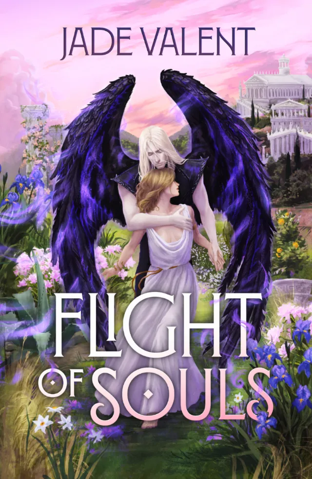 Digital illustration of an oracle embracing a winged god with flowers and a Greek temple, artwork by