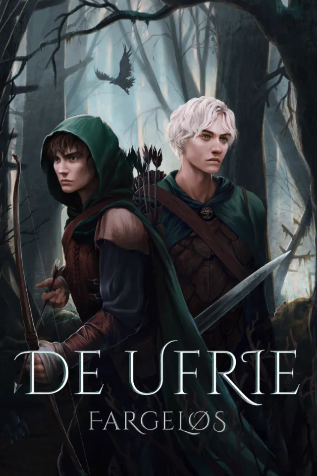 Young adult fantasy book cover featuring two cloaked characters in a dark forest, by Emmeli Markegå