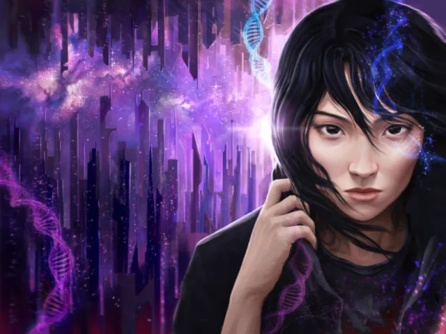 Digital sci-fi portrait of a dark-haired woman with city background by Emmeli Markegård