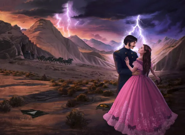Couple in historic dress embracing amid storm with lightning, by Emmeli Markegård