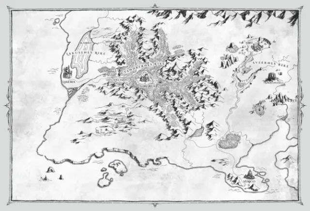 Black and white fantasy map illustration by Emmeli Markegård