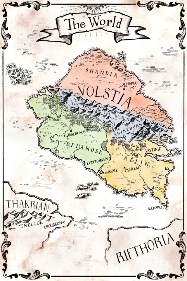 Fantasy map of Volstia, Sandia, Deandas regions and neighboring Thakrian and Rithoria by Emmeli Mark