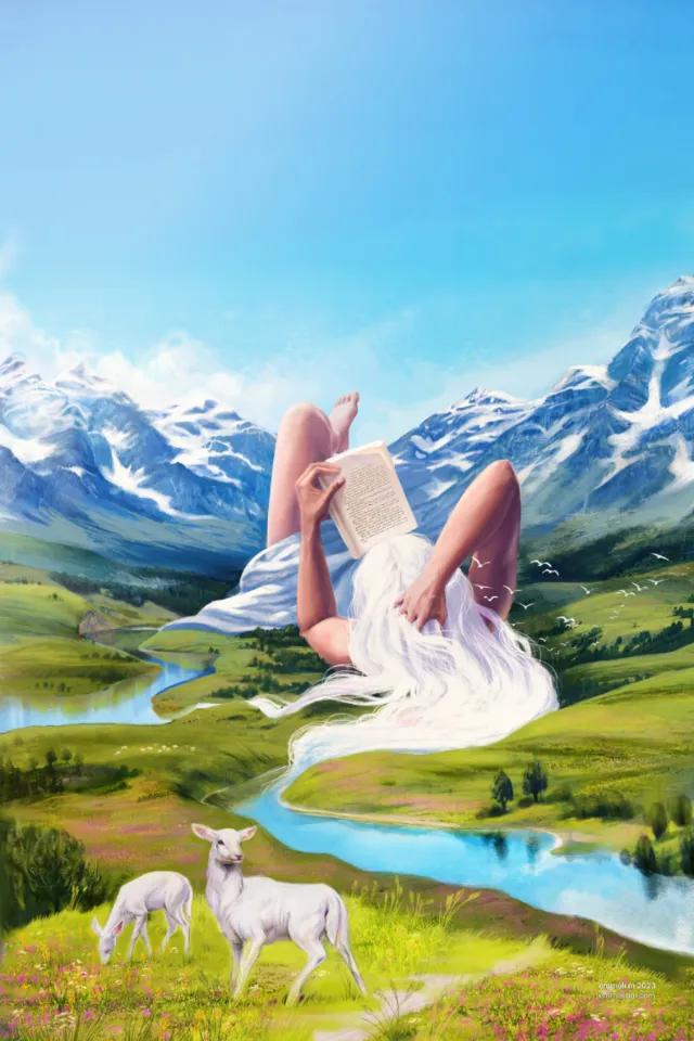 Woman with long white hair reading book by river with sheep, art by Emmeli Markegård