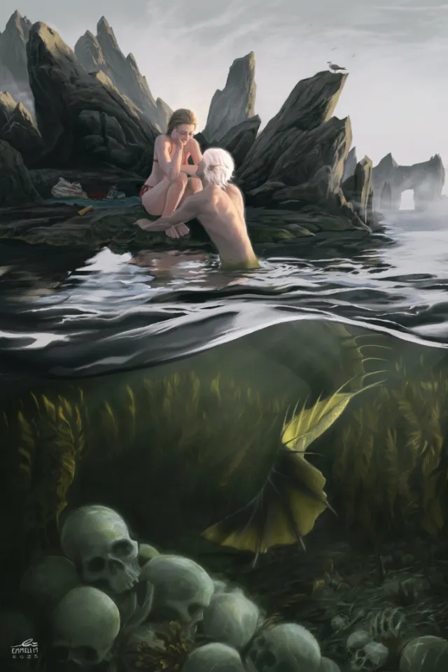 Two figures near rocky shore with skulls underwater by Emmeli Markegård