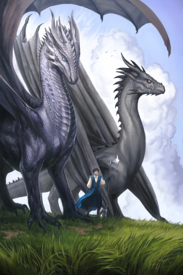 Fantasy scene with two dragons and a woman under cloudy sky by Emmeli Markegård