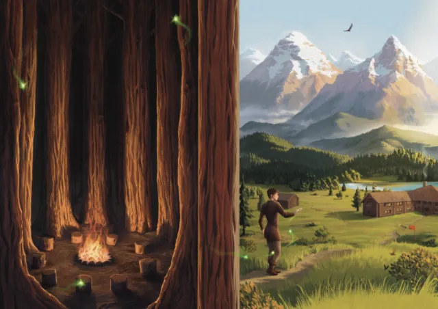 Illustration of a forest bonfire and a figure near mountains by Emmeli Markegård