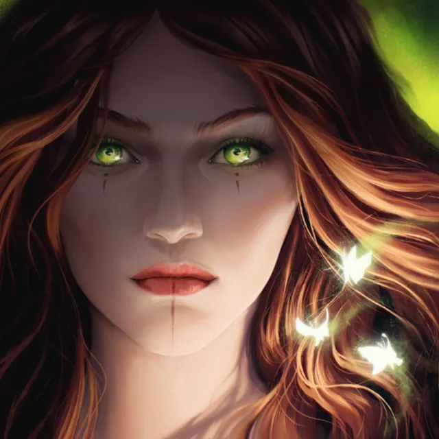 Digital portrait of a witch with glowing green eyes by Emmeli Markegård