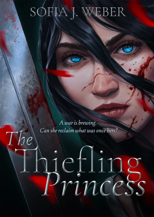 Book cover of The Thiefling Princess by Sofia J. Weber with a wounded woman and red petals, art by E
