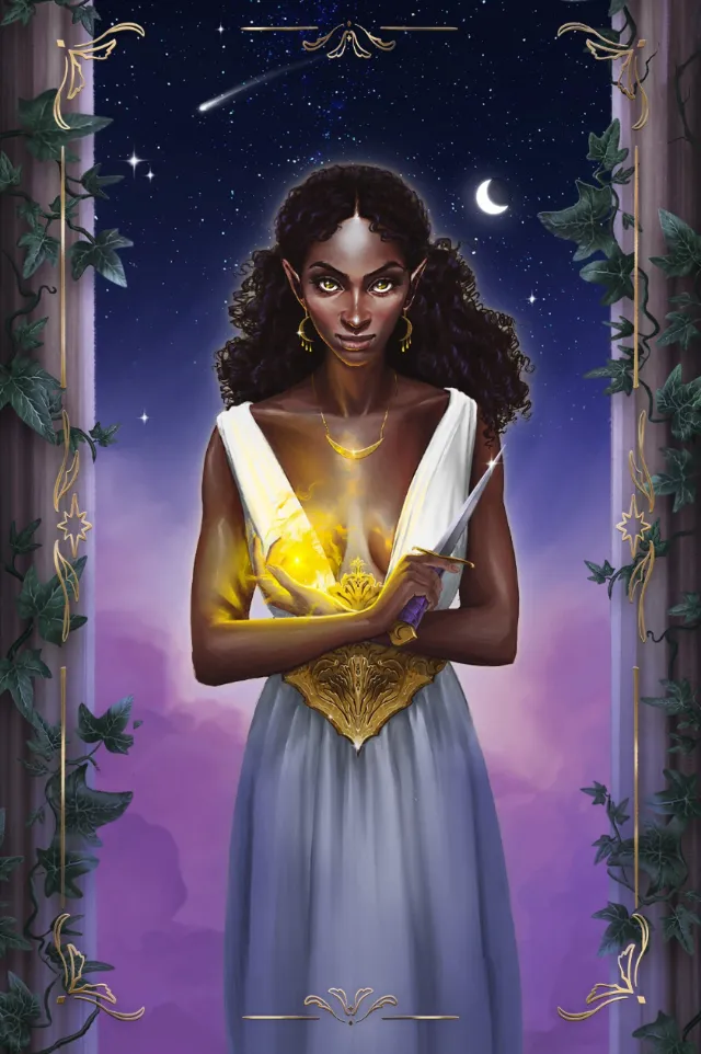 Woman holding a glowing book under night sky by Emmeli Markegård