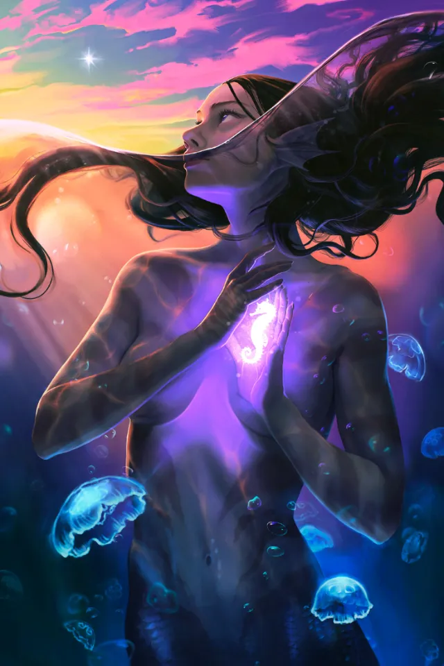 A mermaid holds a glowing seahorse among jellyfish at sunset by Emmeli Markegård