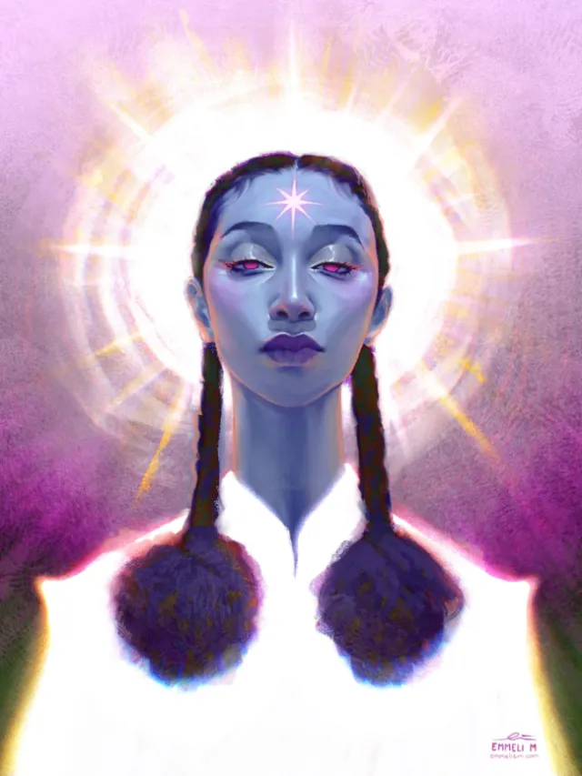 Fantasy portrait of a priestess with glowing third eye by Emmeli Markegård