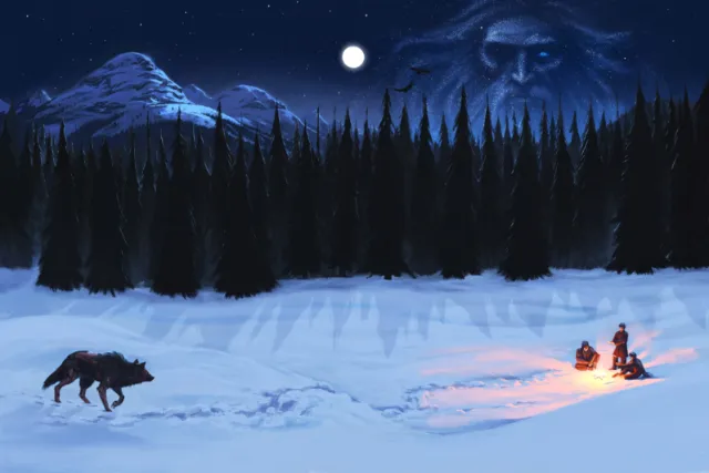 Winter night scene with travelers and wolf under moonlight by Emmeli Markegård