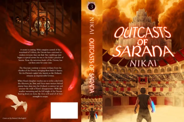 Fantasy book cover featuring a young man facing a fiery, grand arena by Emmeli Markegård