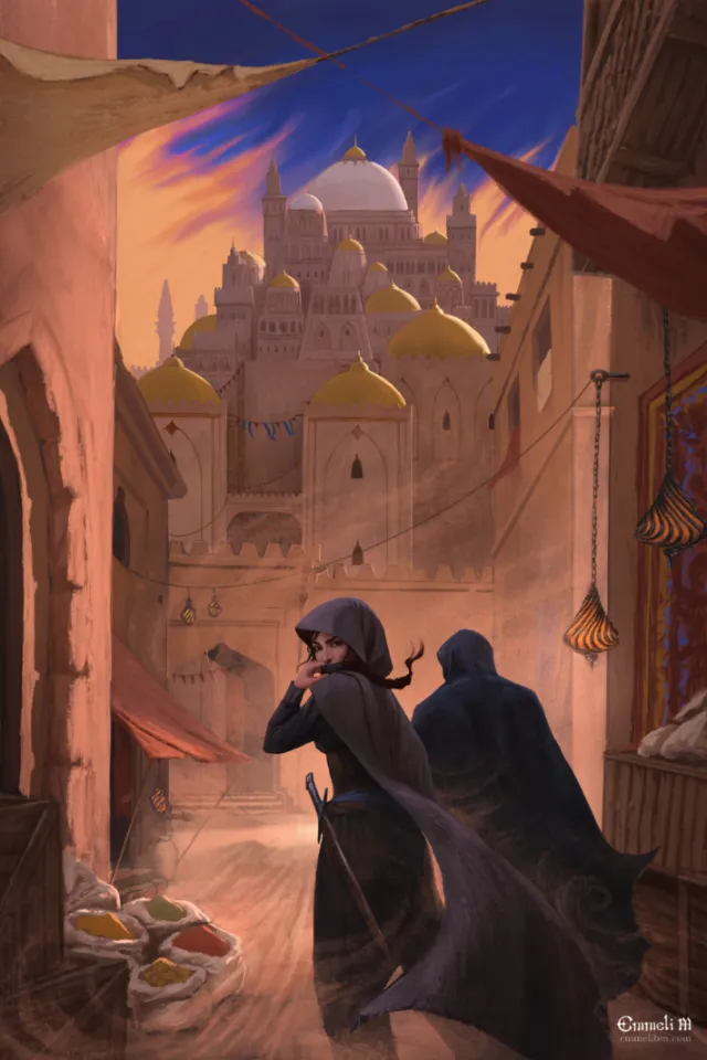 Two cloaked travelers in a desert city, cover illustration by Emmeli Markegård