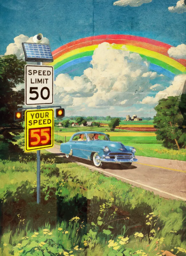 A blue vintage car on a country road under a rainbow with speed limit sign by Heather Landis