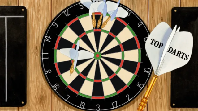 Dartboard with paper darts labeled TOP DARTS and two small figures on it by Ruth Palmer