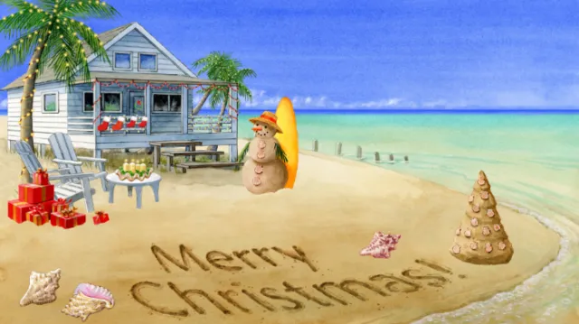 Beach Christmas scene with sand sculptures and beach house by Ruth Palmer
