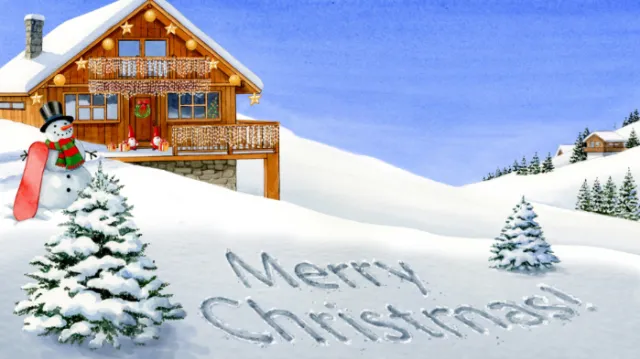 Snowy chalet and snowman with Merry Christmas message, artwork by Ruth Palmer
