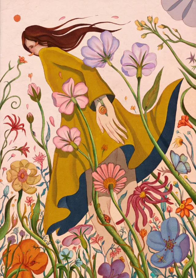 A woman in a yellow dress surrounded by colorful flowers, by Leyla Cui