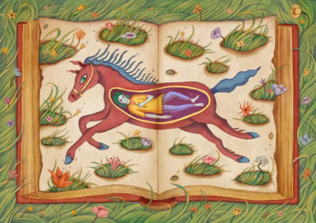 Open book with colorful horse illustration surrounded by grass and flowers by Leyla Cui
