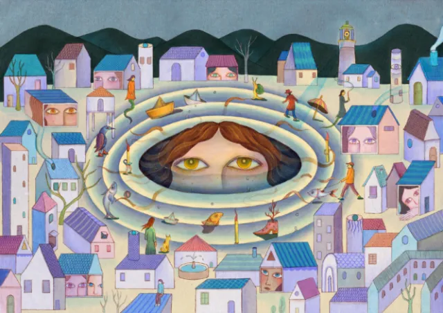 Surreal village scene with a large human face and eyes, by Leyla Cui