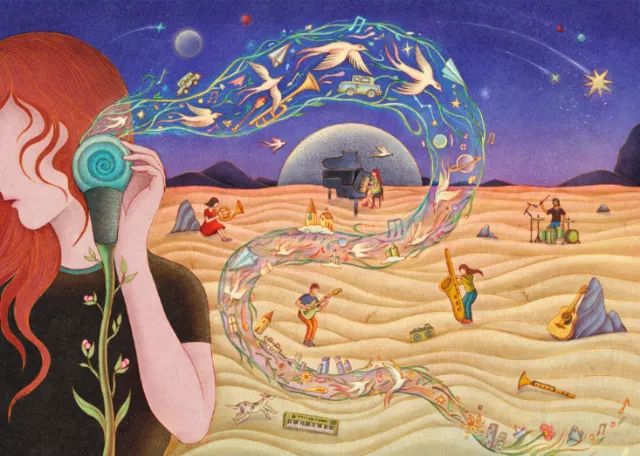 Surreal desert scene with figures and swirling jazz music, art by Leyla Cui