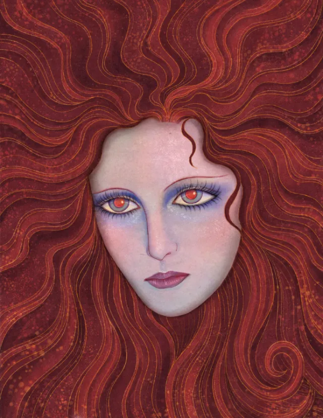 Red-haired woman with piercing eyes in a swirling hair pattern by Leyla Cui