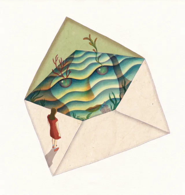 Illustration of woman in red dress looking into an envelope with ocean waves by Leyla Cui