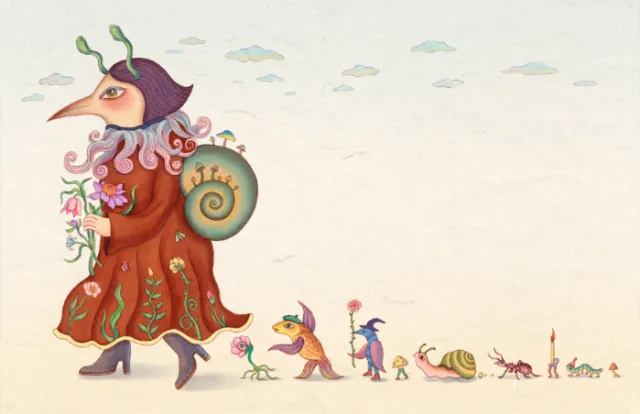 Imaginative creatures in whimsical outfits and a line of small animals walking