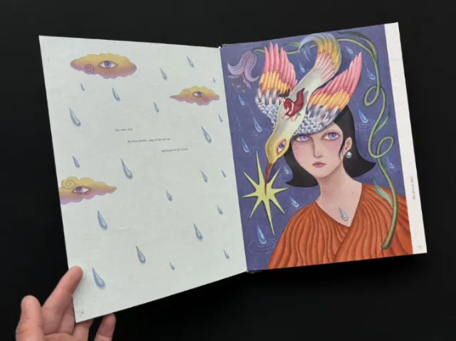 Artbook inner page with surreal woman and bird illustration by Leyla Cui