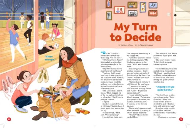 Children talking and sitting in classroom illustrated by Tatsiana Burgaud
