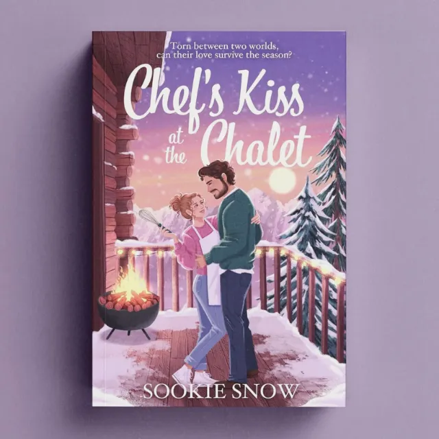Romantic couple embracing on snowy chalet balcony by Camila Gray