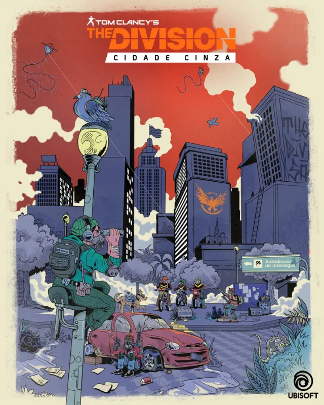Post-apocalyptic cityscape with armed characters and damaged vehicles by Wagner Loud