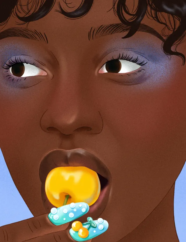 Digital portrait of woman licking yellow candy, purple eyeshadow by Julia Prokhotskaya