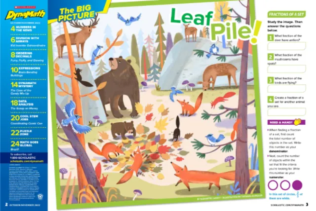 Colorful forest animals with math questions by Tatsiana Burgaud