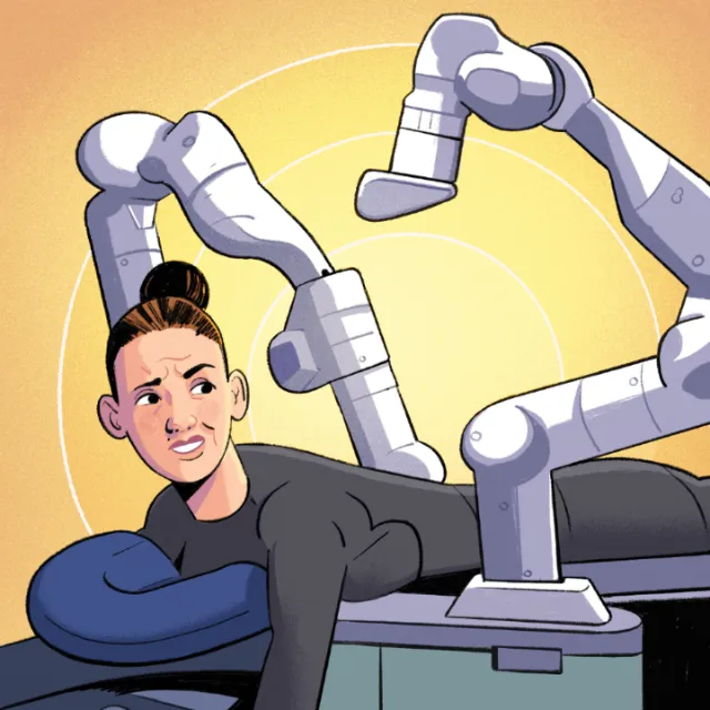 Illustration of nervous woman under robotic arms by Chris King