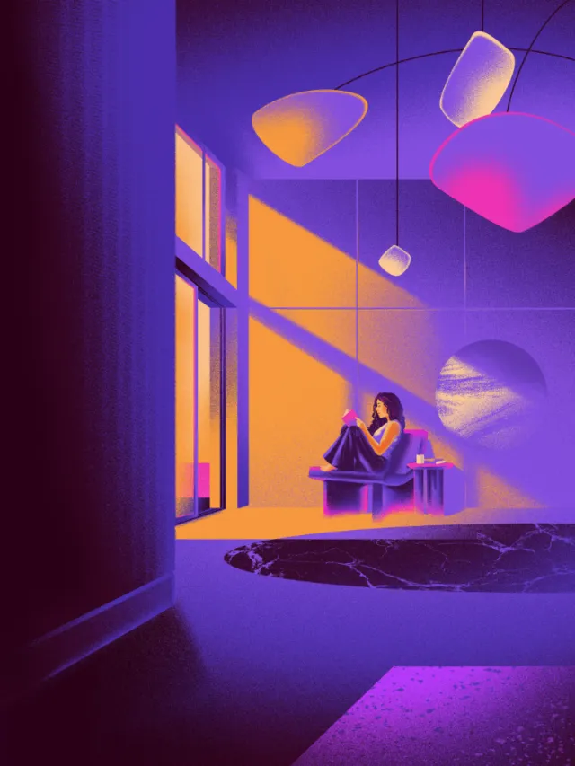 Woman reading indoors with vibrant colorful lighting by Andrei Nicolescu