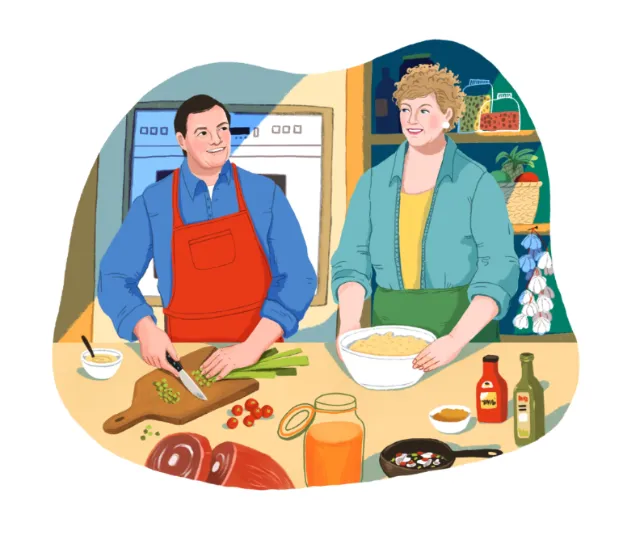 Illustration of Jacques Pepin cooking with another person by Tatsiana Burgaud