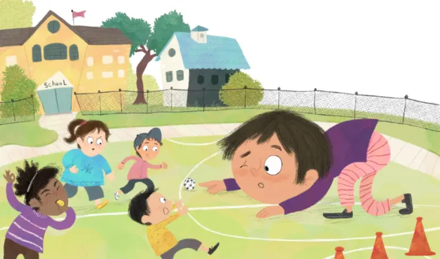 Children playing sports outside near school playground by Dalia Awad