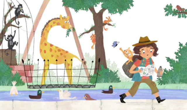 Child exploring zoo with giraffe, monkeys, ducks by pond by Dalia Awad